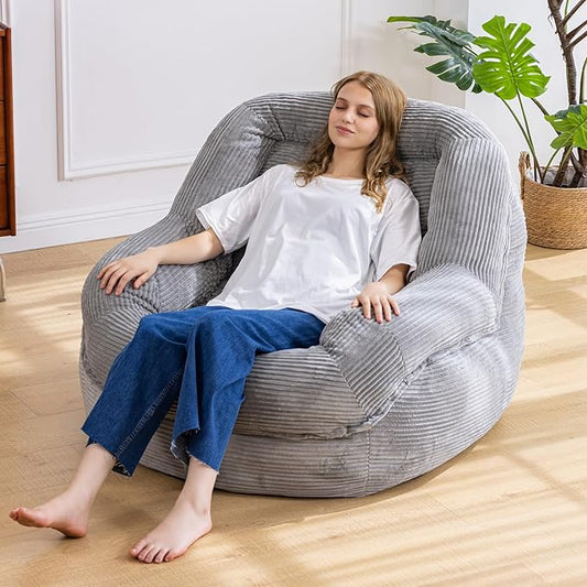Giant Bean Bag Chair with Armrests - Oversized Cozy Seating for Adults, Corduroy Fabric & High - Density Foam Filling, Ideal Lounge for Living Room, Bedroom & Gaming Room (Grey)