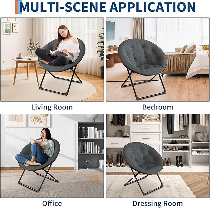 Comfy Saucer Chairs, Folding Reading Lounge Chair, Cozy Faux Fur Living Room Chair with Soft Thick Padded Seat & Metal Frame, Modern Style Bedroom Home for Kids Adults, X-Large, Gray
