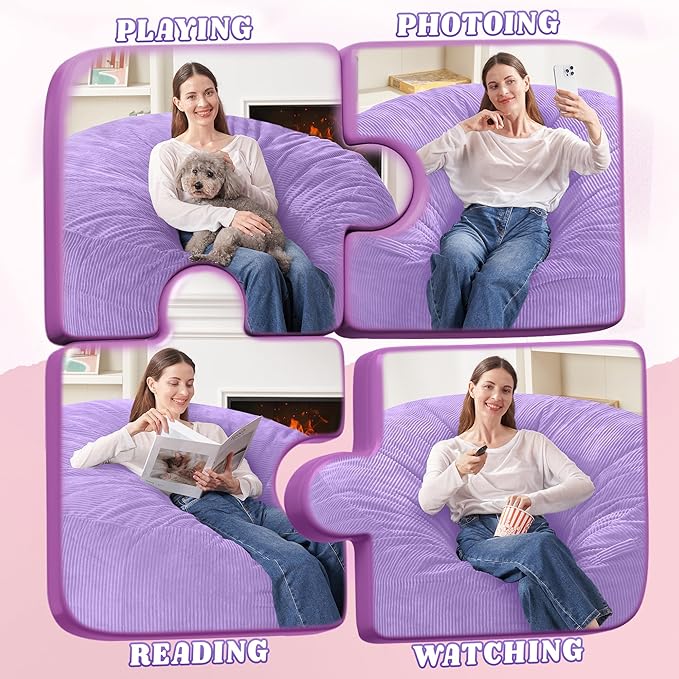 HABUTWAY 6FT Bean Bag Chair,Giant Bean Bag Chairs for Adults,Big Bean Bags with Memory Foam Filled, Large Beanbag Chairs with Soft Corduroy Cover-Purple