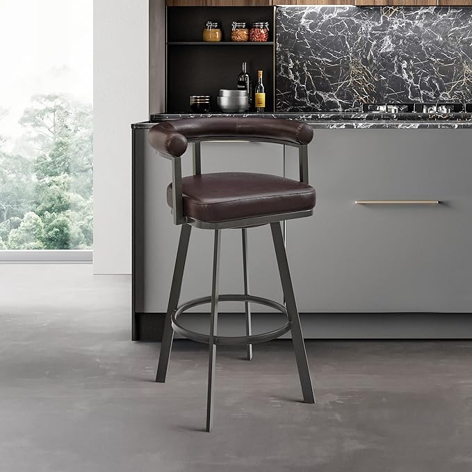 Armen Living Magnolia Swivel Counter Stool in Brown Metal with Brown Faux Leather