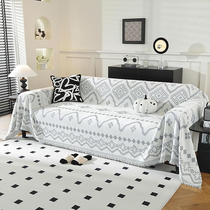 LUFEIJIASHI Boho Couch Covers for Sofa Non Slip Sofa Covers Washable Couch Covers for 3 Cushion Couch Sofa Pet Friendly Sectional Couch Cover Blanket Furniture Protector for Dogs (Grey, 91"x134")