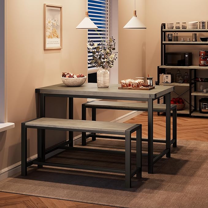 Dining Table Set for 4 with 2 Benches, 3-Piece Kitchen Table Set, Space-Saving Dining Set for Kitchen, Dining Room, Gray