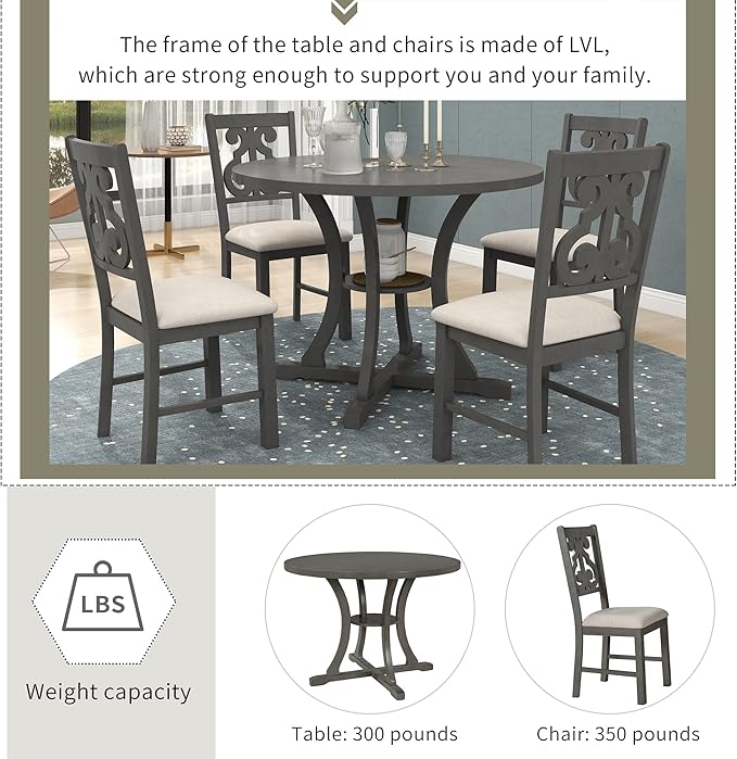 Merax 5 Piece Round Dining Table Set 4 Retro Chairs with Special-Shaped Table Legs, Exquisitely Designed Hollow Chair Back for Dining Room, Gray