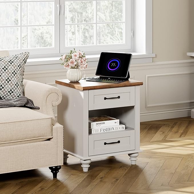 WAMPAT Set of 2 Nightstands with Charging Station & 2 Drawers, Mid Century Modern End Tables Side Table for Living Room, White Wooden Nightstand Bedside Table for Bedroom & Dorm