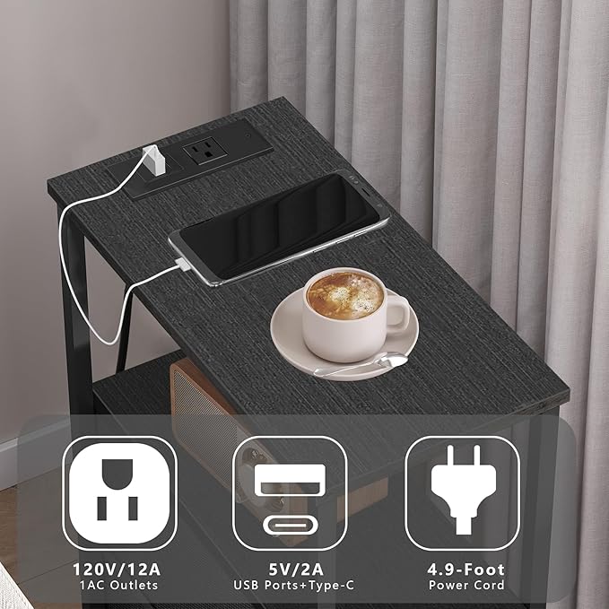 TUTOTAK Small Narrow End Table with Charging Station, Set of 2, Side Table with Outlets, Nightstand with 2 Cloth Drawers, Couch Table, for Living Room, Bedroom, Bedside, Black TB01BK055