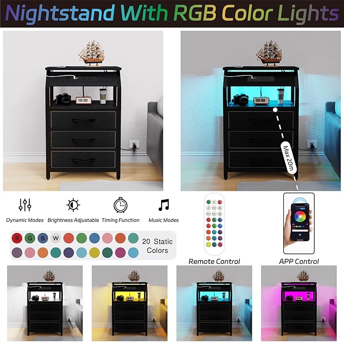 End Tables Set of 2, Nightstands with Charging Station and LED Lights, 3 Drawers Fabric Dressers, Storage Side Tables for Bedside, Living Room, Modern Black