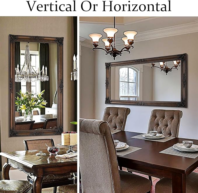 Large Bronze Mirror, 53''x29.5''Vintage Mirrors with Ornate Wooden Frame, Decorative Mirror for Living Room Dining Room Hallway, Horizontal/Vertical