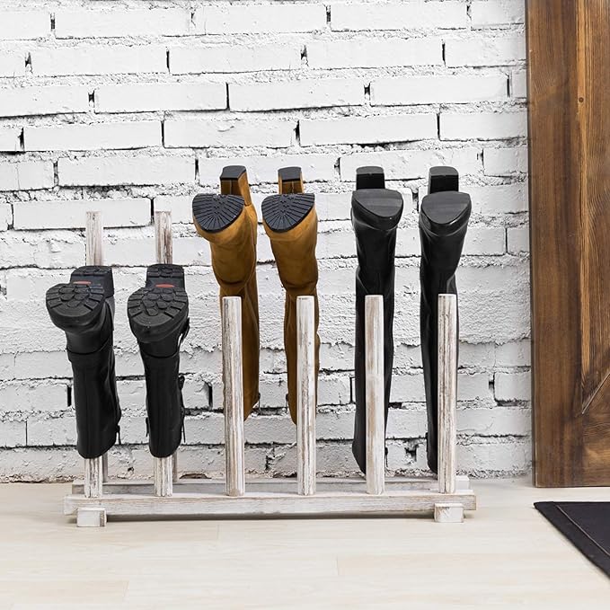 MyGift Shabby Whitewashed Wood Boot Rack Organizer Tall Boots Inverter Holder - Holds up to 6 Pairs
