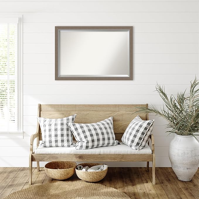 Amanti Art Brown Wall Mirror 27x39 Eva Brown Narrow Rectangle Bathroom Mirror for Wall Decor Living Room, Large Country Rustic Frame, Hangs Horizonally and Vertically, Bathroom Decor, Beveled Edge