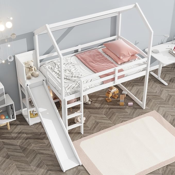 Twin Size House Loft Bed with Slide, Storage Shelves and Light, Wood Kids Bed Frame with Guardrail and Ladder,Climbing Ramp,for Teens Boys Girls Bedroom, White