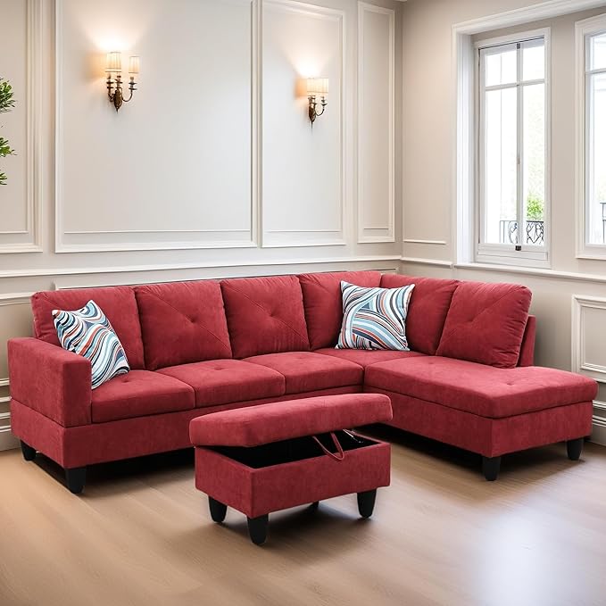 L Shaped Sectional Couch Sofa, Modern Couches for Living Room, Comfy 4 Seat Modular Sectional Sofa with Ottoman Storage for Bedroom Apartment, Red