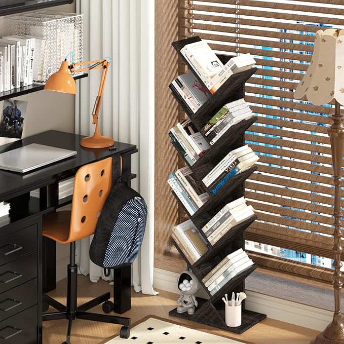 10 Tier Tree Book Shelf, Floor Standing Wood Bookshelf for Narrow Space, Storage Organizer Bookshelves for Books/CDs/Magazine, Bookcase with Shelves for Home Office, Living Room - Dark Grey