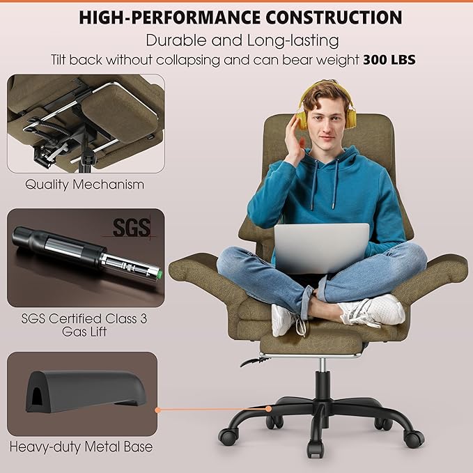 ELABEST C39 Cross Legged Office Chair with Footrest & Convertible Armrests - Pet-Friendly XL Home Desk Chair, Ergonomic Recliner with Lumbar Pillow, Criss Cross Design, Big and Tall Executive Chair