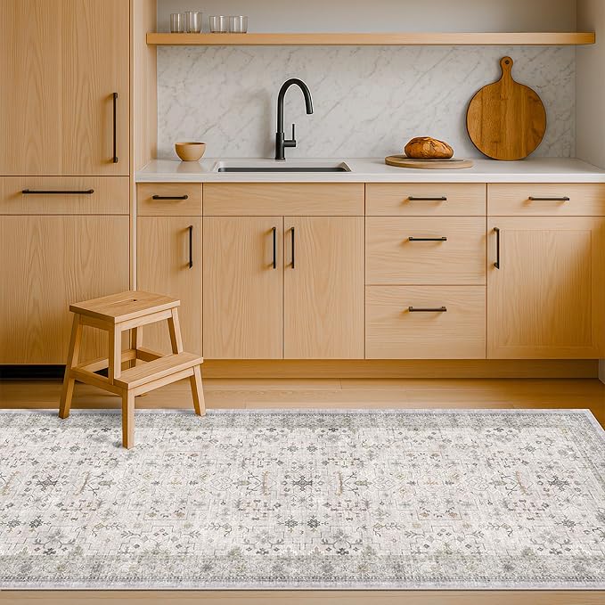 Light Gray Washable 2x8 Hallway Runners, Kitchen Runner Rug, Non-Slip & Stain Resistant 8ft Long Entryway Floor Rug, Neutral Boho Floral Décor