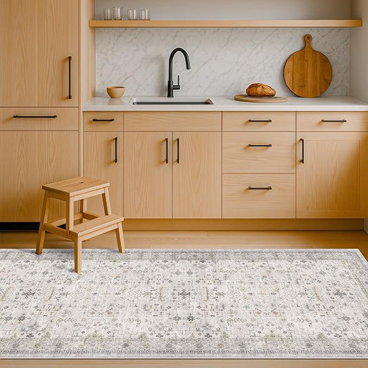 Non Slip Hallway Runner Rug - 2 x 10 Runner Rug, Washable & Waterproof 2x10 Kitchen Floor Mat - Extra Long Light Gray Neutral Farmhouse Boho Design Décor