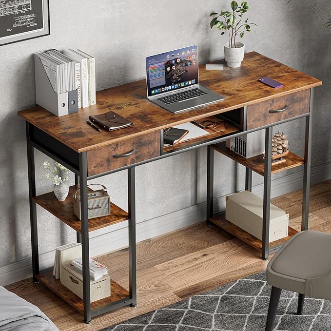 Whitmor Computer Desk - 48 Inch Home Office Study Writing Table with 2 Fabric Drawers, Storage Shelves, Side Bag, Headphone Hook, Brown
