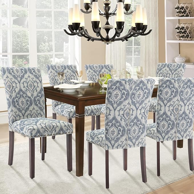 Parsons Dining Chairs Set of 6, Upholstered Nailhead Dining Room Kitchen Side Chair with Thick Cushions and Wood Legs, White/Blue