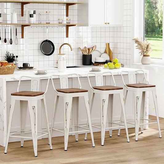 WENTMENT Bar Stools Set of 4, Industrial Style, Metal Frame, Distressed White, Wooden Seat, 24" H x 12.2" W x 15.6" D, 330 lbs Max Weight, Counter Height