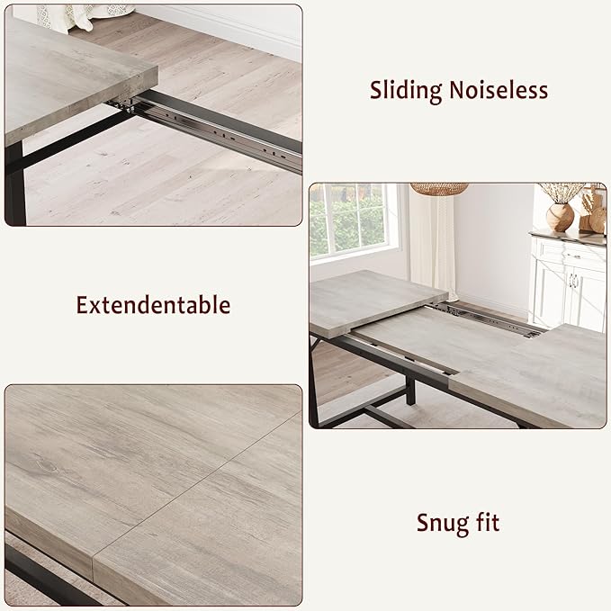 Dining Table Set for 4-6, 63“ Large Extendable Kitchen Table Set, Wood Rectangle Kitchen Table with 2 Soft Benches for Small Space, Apartment, DinnerSaving Space, Grey