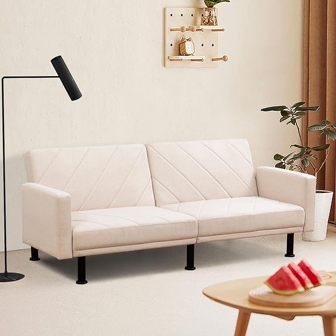 Fold Out Modern Couch Convertible Chair Bed, Sleeper Sofa 2 Seater Loveseat, Small Couch for Living Room, Futon Lounge Comfy Sofa Bed Cama for Small Spaces for Bedroom, Adjustable Angle, Beige