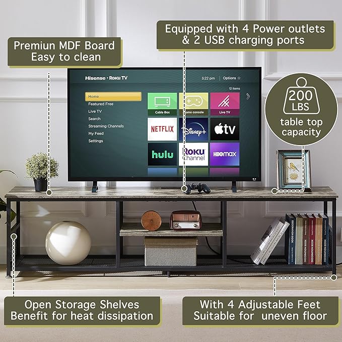 VECELO TV Stand with Power Outlets for Televisions up to 65Inch, 55" Media Entertainment Center with Charging Station 3-Tier Open Storage Shelves with Metal Frame for Living Room/Bedroom，Grey