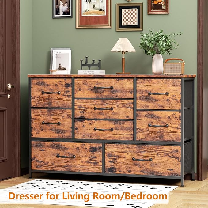 Furnulem Dresser for Bedroom with 9 Fabric Drawers for 55'' Long TV Stand Entertainment Center & Chest of Drawer, Wide Dresser Storage for Living Room, Dorm, Entryway, Sturdy Metal Frame, Rustic Brown