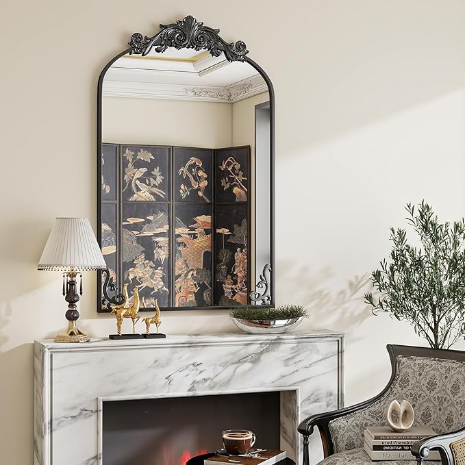 26x38 inch Vintage Arched Bathroom Mirror - Gorgeous Wall Vanity Mirror with Beautiful Retro Top and Bottom Engraving Process Frame for Entryway Hallway Living Room, Black