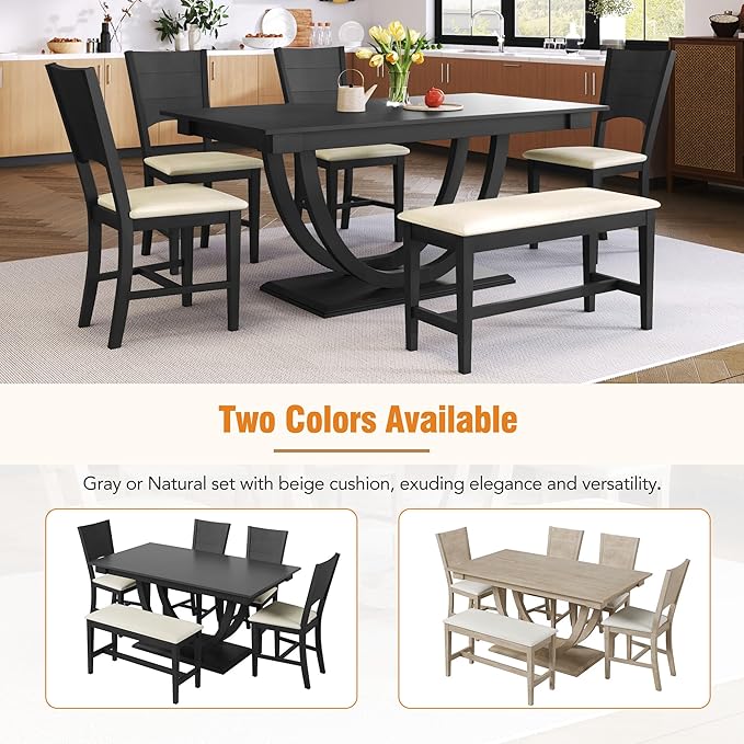 Ball & Cast Dining Table Set for 6,6-Piece Kitchen Table Set W/ 1 Bench & 4 Cushioned Chairs,59" Rectangular Desk W/Half Round Legs & Rectangle Base,for Dining Room,Kitchen,Restaurant,Gray