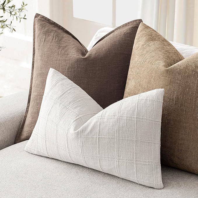 Foindtower Set of 2 Decorative Linen Check Throw Pillow Covers Neutral Farmhouse Lumbar Cushion Covers Modern Boho Home Decor for Sofa Chair Couch Bedroom Living Room Outdoor,12×20 Inch,Cream White