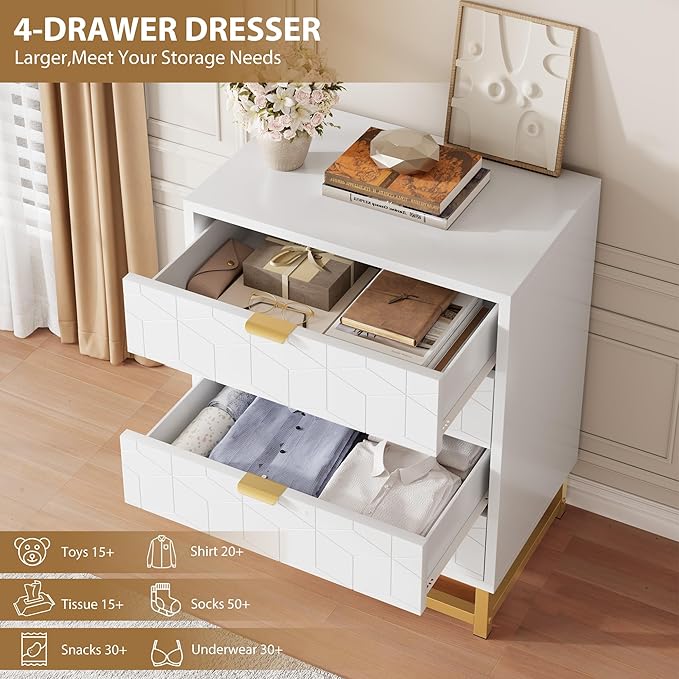 White Dresser, 4 Drawer Dresser for Bedroom, Modern Dressers with Gold Metal Handles for Living Room, Hallway, Entryway
