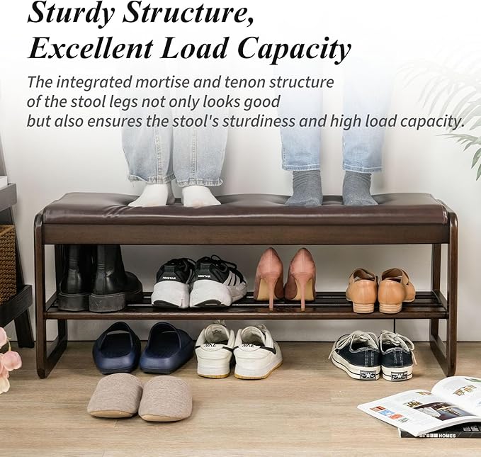 Shoe Bench, Entryway Bench with Leather Cushion, Solid Wood Shoe Rack, Mid Century Modern Bench, Shoe Storage, Shoe Organizer for Entryway (Grey, 21.7" W)