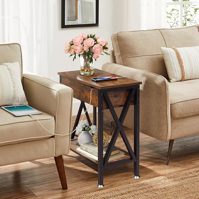 TooCust End Tables Living Room Set of 2, Narrow Side Table with Charging Station, 11.2"D x 24"W x 24"H, Flip Top End Table with USB Ports and Outlets, Couch End Tables Set of 2, Steel X-Shaped Frame