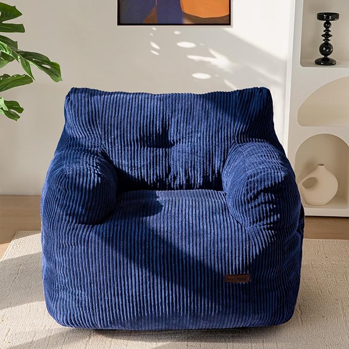 MAXYOYO Bean Bag Chair, Tufted Bean Bag Couch Lazy Chair, Living Room Sofa Couch with Filler for Adult Teens Kids, Corded Fabric Accent Sofa for Bedroom Dorm, Navy