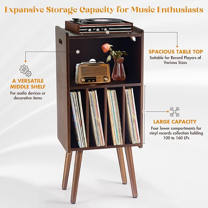 Wooden LP Record Player Stand, 3-Tier Turntable Stand Cabinet Holds up to 100 Albums, Record Storage Holder and Organizer Table, Mid-Century Modern Record Player Holder (Rich Walnut, 3-Tier)