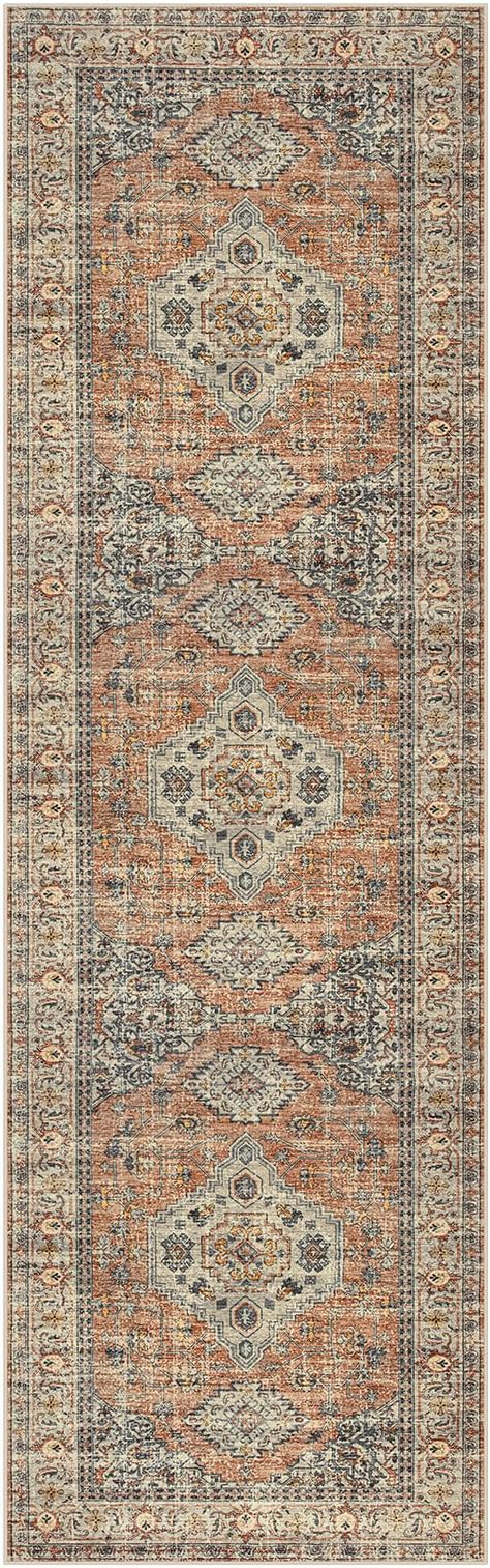 Lahome Oriental Washable Kitchen Runner Rug Non Slip, 2x8 Runners for Hallways with Rubber Backing, Vintage Soft Long Carpet for Bathroom Laundry Bedroom, Peach/Orange