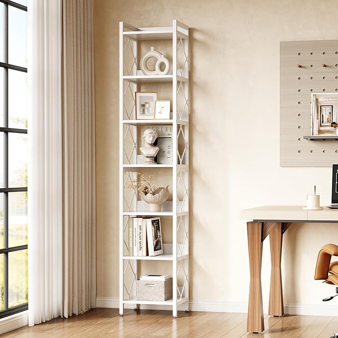 LITTLE TREE Book Shelf, 7-Tier Tall Bookcase, 78.7" Wooden Display Shelves with Sturdy Metal Frame for Living Room, Modern Narrow Standing Bookshelves for Bedroom, White Office Shelf for Small Spaces