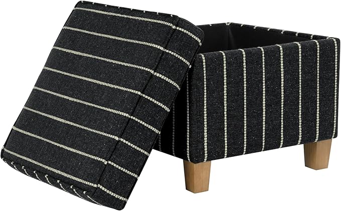 HomePop Home Decor |K7342-F2372 | Classic Square Storage Ottoman with Lift Off Lid- Black with Boucle Stripe