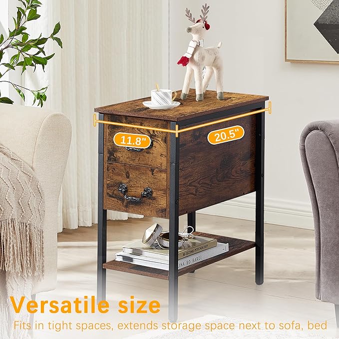 VECELO End Tables,Narrow Nightstand with Drawers and Storage Shelf,Modern Night Stand for Small Spaces, Living Room,Bedroom
