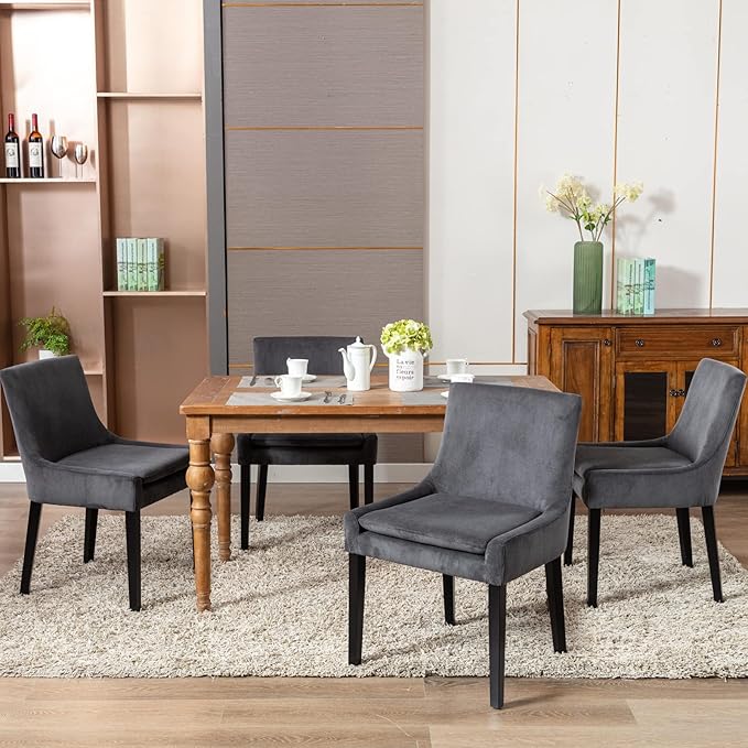 COLAMY Modern Dining Chairs Set of 6, Upholstered Corduroy Accent Side Leisure Chairs with Mid Back and Wood Legs for Living Room/Dining Room-Grey
