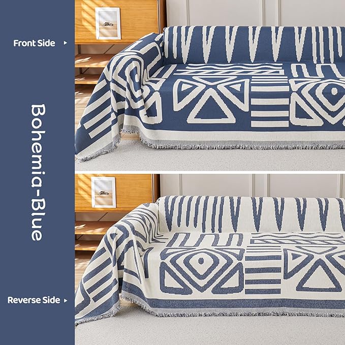 STACYPIK Boho Chenille Blue Sofa Cover L Shaped Couch Cover Reversible Couch Cover for 3 Cushion Couch Non-Silp Furniture Cover for Dogs Cats Sectional Sofa Cover for Loveseat Futon Cover-91X118IN