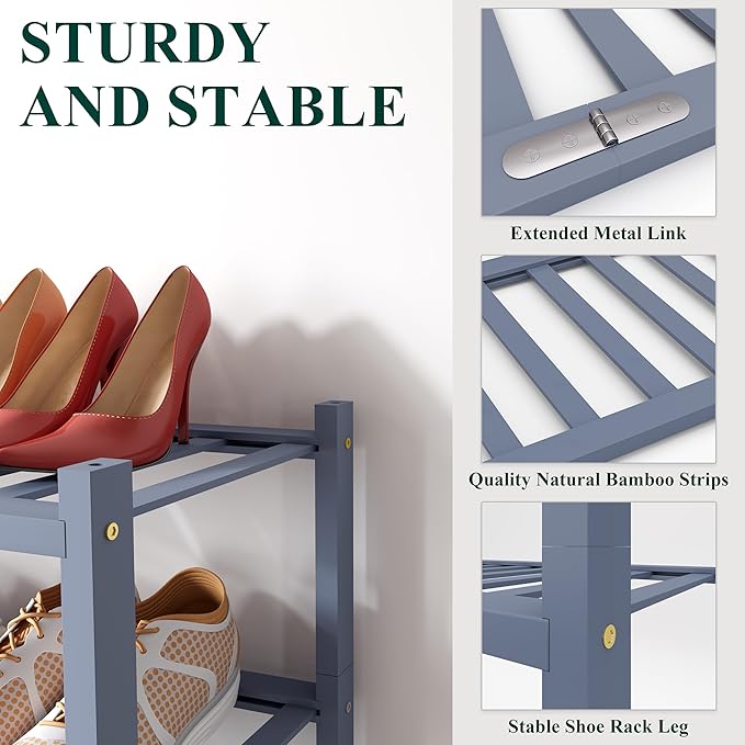 Smiry Shoe Rack, 5 Tier Bamboo Shoe Organizer, Stackable Free Standing Wooden Shoe Storage Shelf for Closet, Entryway, Front Door Entrance, Grey