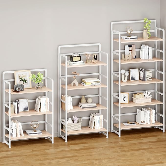 No Assembly Folding Bookshelf, 4 Tiers Collapsible Book Shelf for Home Office, Vintage Wood Foldable Bookcase Storage Organizer for Living Room Bedroom (Beige)