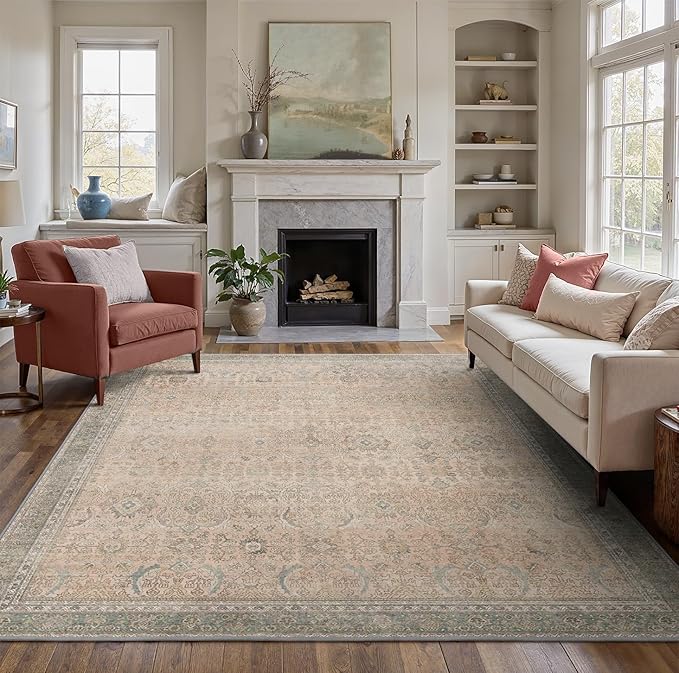 8X10 Area Rugs Machine Washable Rugs for Living Room, Vintage Boho Large Rugs for Bedroom Dining Room, Non Slip Indoor Soft Distressed Lightweight Thin Low Pile Carpet, Soft Sand