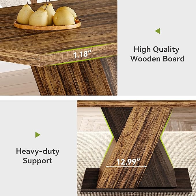 LITTLE TREE 55-Inch Dining Table for 6, Wooden Rectangle Kitchen Table, Large Dining Room Tables, Industrial Dinner Table with Heavy Duty Pedestal, Rustic Brown