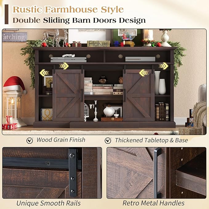 66" Farmhouse TV Stand for 75 Inch TVs, 40" Tall Entertainment Center with Sliding Barn Doors, Rustic Media Console Table Storage Cabinet with Adjustable Shelves, Living Room, Sawdust Brown