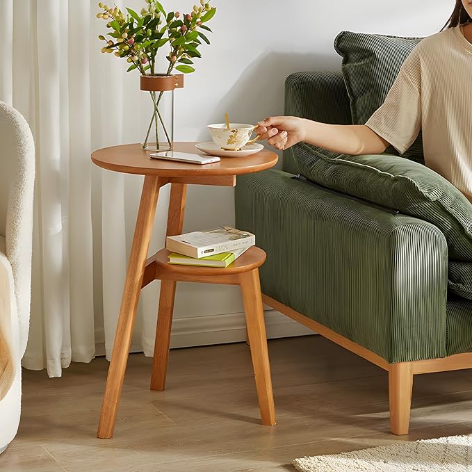 Side Table, 2-Tier Round End Tables Living Room, Mid Century Modern Side Table, Round Nightstand, Oak Accent Table, Small Round Coffee Table, 16.54" Dia.x 23.62" H(Natural)