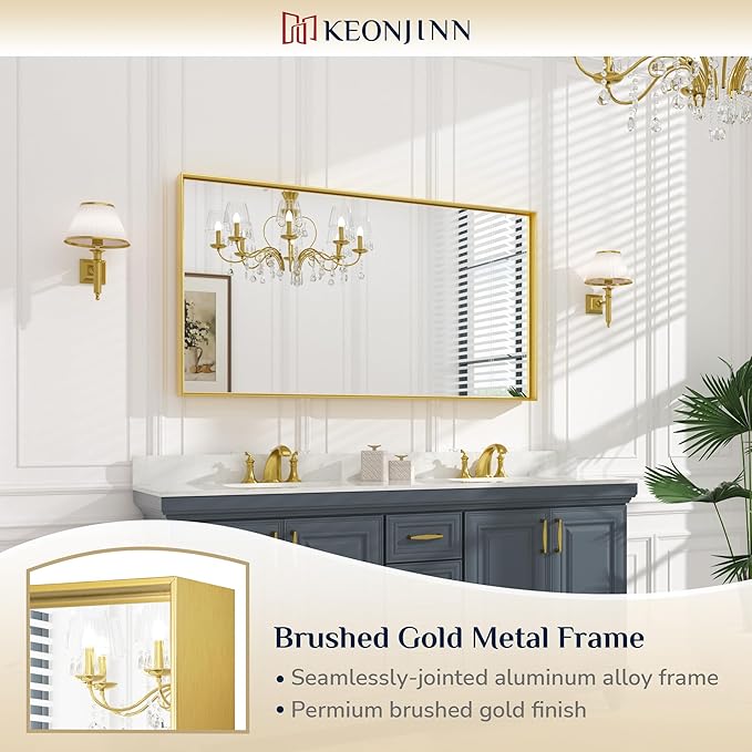 Keonjinn Gold Bathroom Vanity Mirror 55" x 30" Rectangle Large Wall Mirror Metal Framed Brushed Gold Rectangular Modern Farmhouse Mirrors for Over Sink(Horizontal/Vertical)