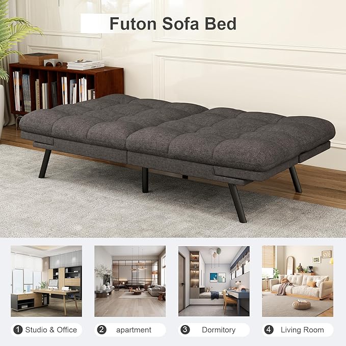 Vipbear Futon Sofa Bed Couch, 71" Convertible Sofa Bed, Space-Saving Loveseat with Adjustable Backrest & Armrest for Living Room,Apartment,Office,Pure Grey Sleeper Sofa