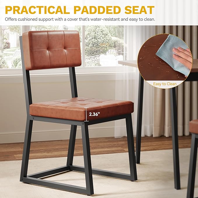 DWVO Modern Dining Chairs Set of 2 Brown Upholstered Kitchen Chairs with Faux Leather Cushion Seat and Heavy Duty Metal Leg for Kitchen Living Room Restaurant, Brown