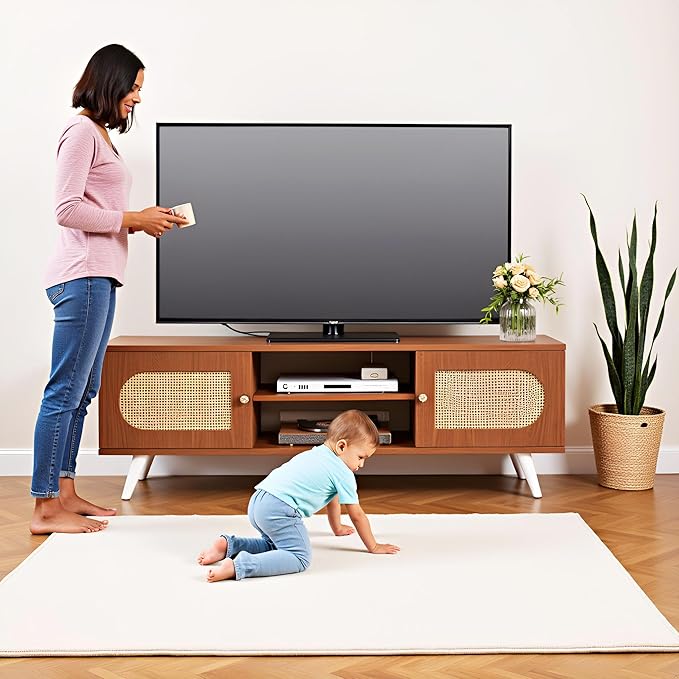 55" Rattan TV Stand for 65 Inch TV Solid Wood TV Console Entertainment Center with 2 Cabinets for Living Room Bedroom, Retro Brown